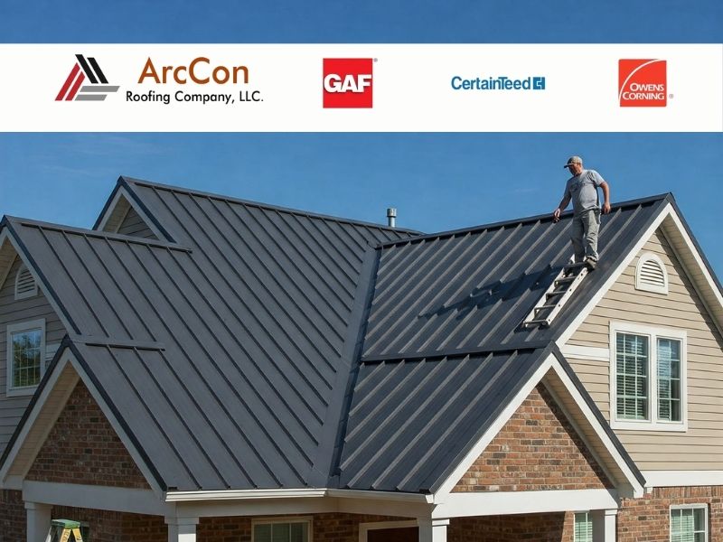 Example of a metal roof with ArcCon, GAF, CertainTeed and Owens Corning Logos