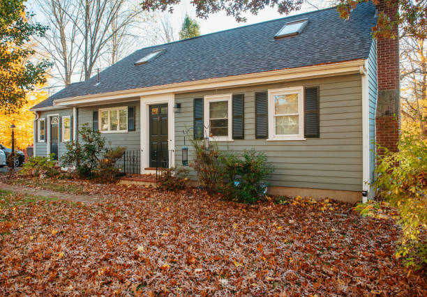 Single-family home with a shingle roof and leaves in the front yard